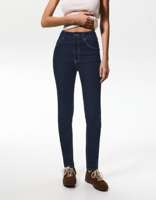 Pull&Bear – Jeans in Marineblau mit engem Schnitt und hohem Bund