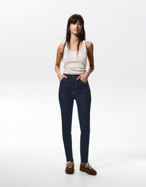 Pull&Bear – Jeans in Marineblau mit engem Schnitt und hohem Bund, 4 von 4