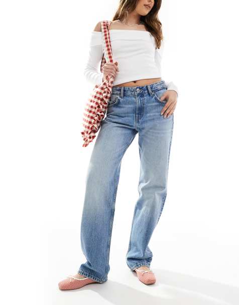 Pull&Bear – Jeans in Mittelblau mit geradem Schnitt und mittelhohem Bund - view 1