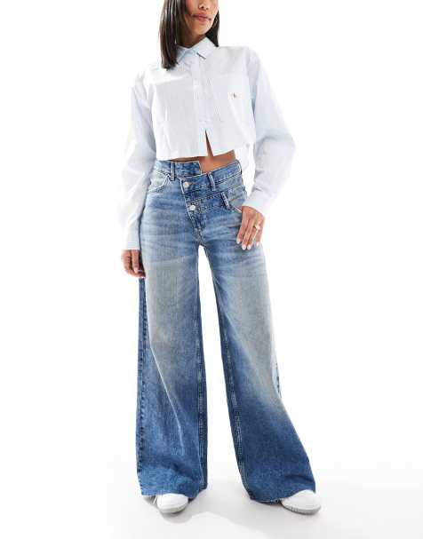 Pull&Bear – Jeans in Mittelblau mit weitem Bein und überkreuztem Bund - view 1