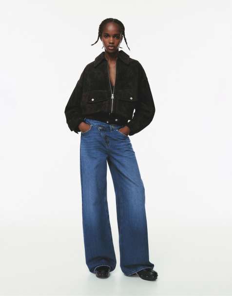 Pull&Bear – Jeans in Mittelblau mit weitem Bein und überkreuztem Bunddetail - view 1