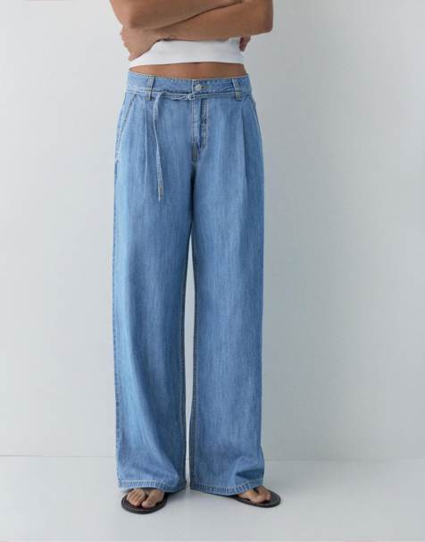 Pull&Bear – Jeans in Pastellblau mit weitem Bein und Gürtelband - view 1