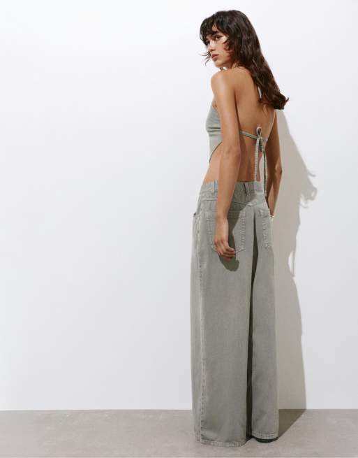 Pull&Bear – Jeans in Taupe mit Abnähern und weitem Bein, 4 von 4