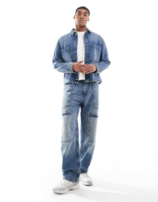 Pull&Bear – Jeans in verwaschener Optik mit weitem Bein, Kombiteil