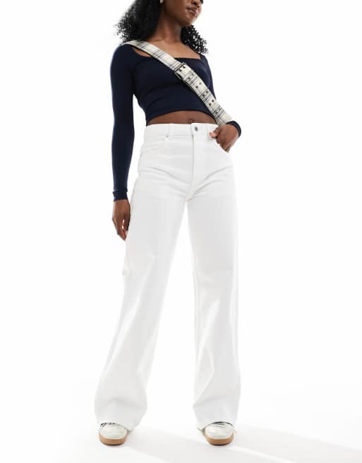 Pull&Bear – Jeans in Weiß mit hohem Bund und weitem Bein