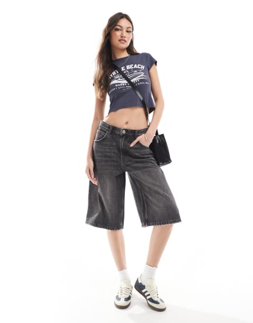 Pull&Bear – Jeans-Jorts in verwaschenem Schwarz