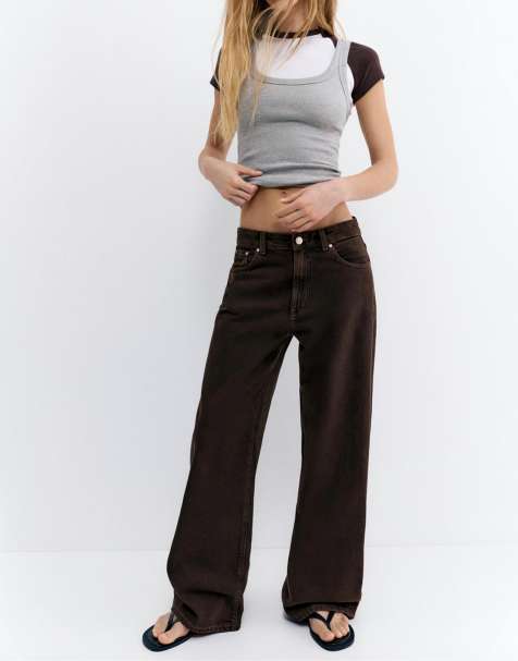 Pull&Bear - Jeans larghi a vita media marroni - view 1
