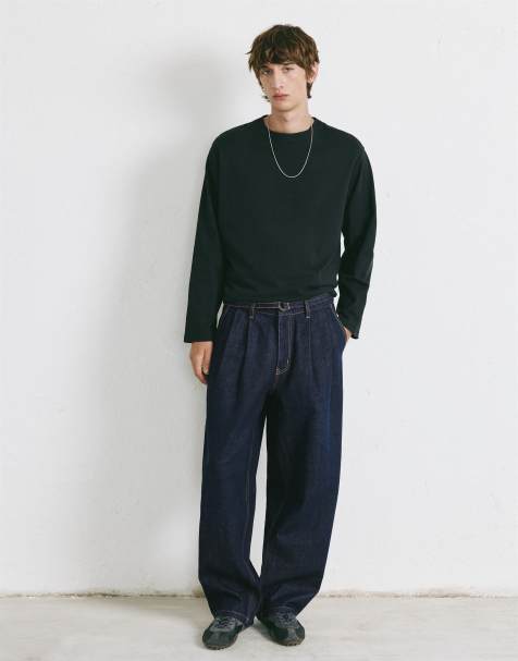 Pull&Bear jeans med avslappnad passform, insnitt och skärp i marinblått - view 1