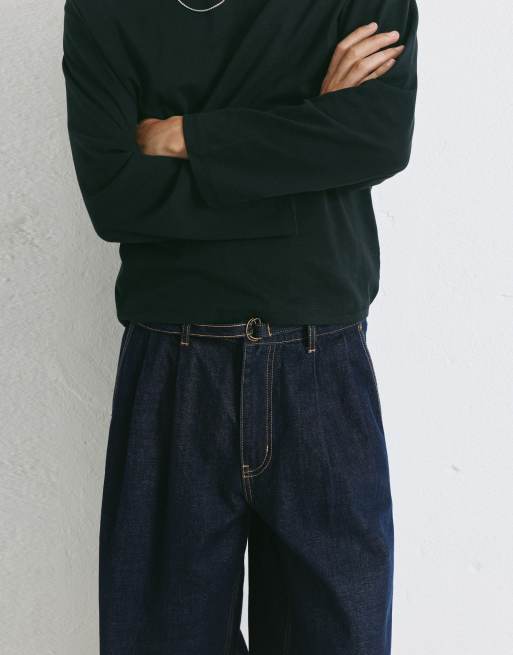 Pull&Bear jeans med avslappnad passform, insnitt och skärp i marinblått, 3 av 6