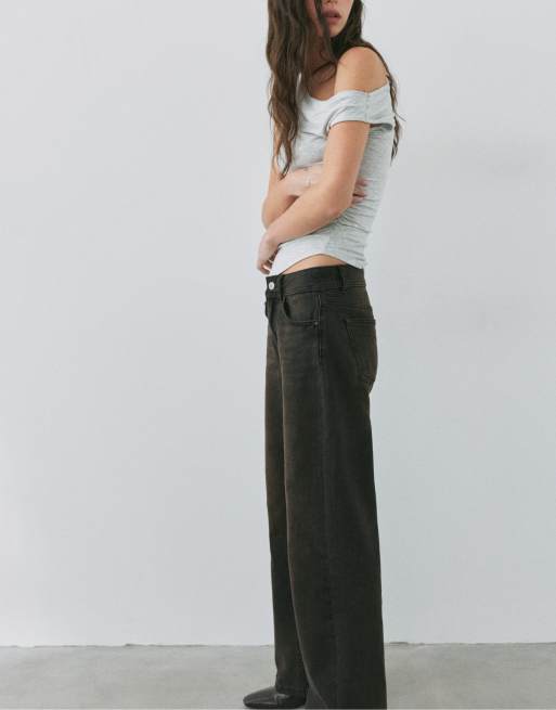 Pull&Bear jeans med låg midja och raka ben i mörkbrunt, 5 av 7