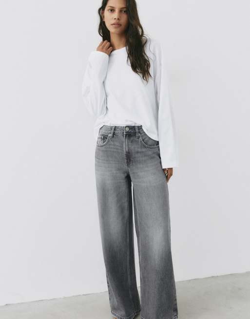Pull&Bear jeans med låg midja och vida ben i grått, 7 av 7