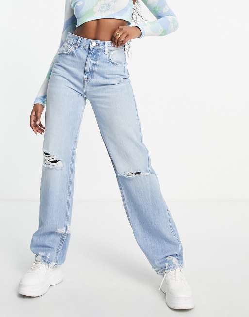 Pull&Bear - Jeans med lige ben og frynset kant samt flænser i blå
