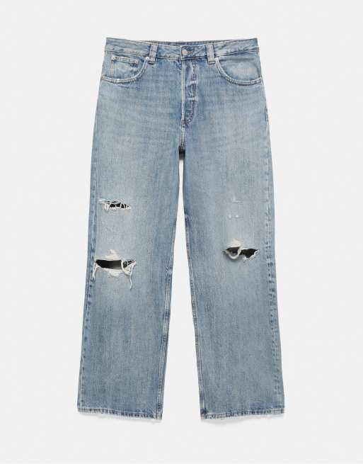 Pull&Bear jeans med raka ben och revor i mellanblå tvätt, 3 av 5
