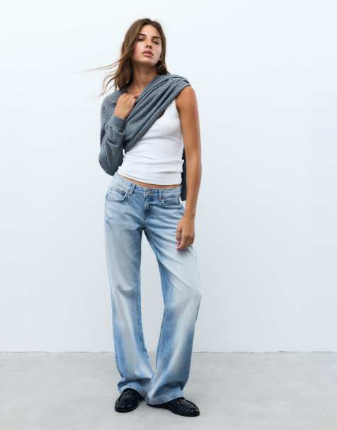 Pull&Bear jeans med rhinsten, lavtaljede, med lige ben, lyseblå - view 1
