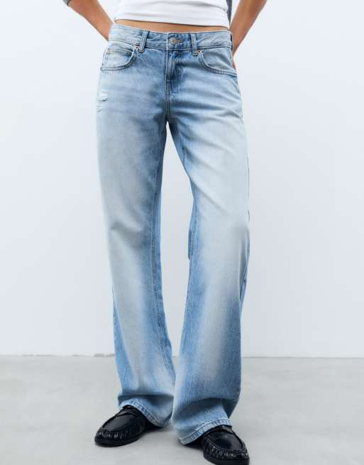 Pull&Bear jeans med rhinsten, lavtaljede, med lige ben, lyseblå, 3 af 7