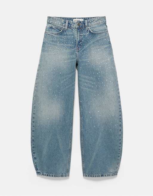 Pull&Bear jeans med strass och barrel-passform i mellanblå, 5 av 7