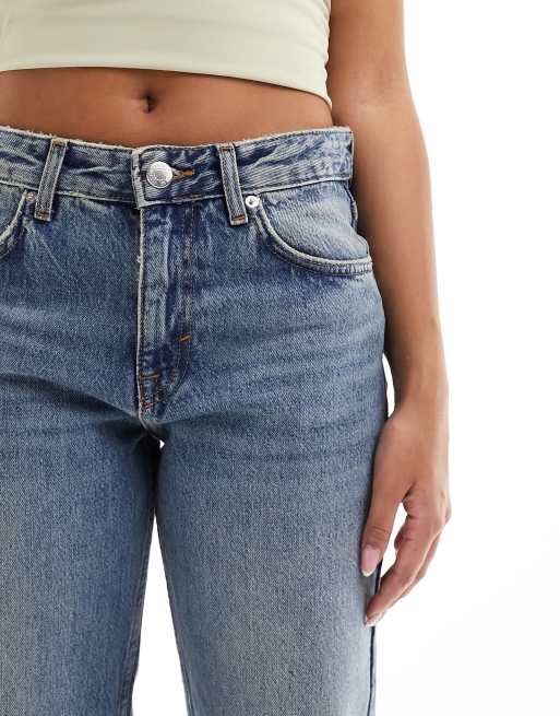 Pull&Bear - Jeans met halfhoge taille en rechte pijpen in blauw met vuile wassing, 3 van 4