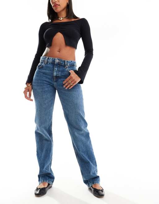 Pull&Bear - Jeans met halfhoge taille en rechte pijpen in donkerblauw