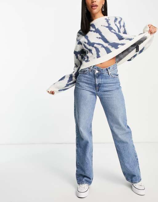 Pull&Bear - Jeans met hoge gekruiste taille in blauw