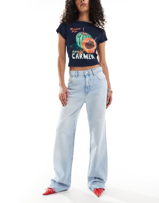 Pull&Bear - Jeans met hoge taille en rechte pijpen in lichtblauw