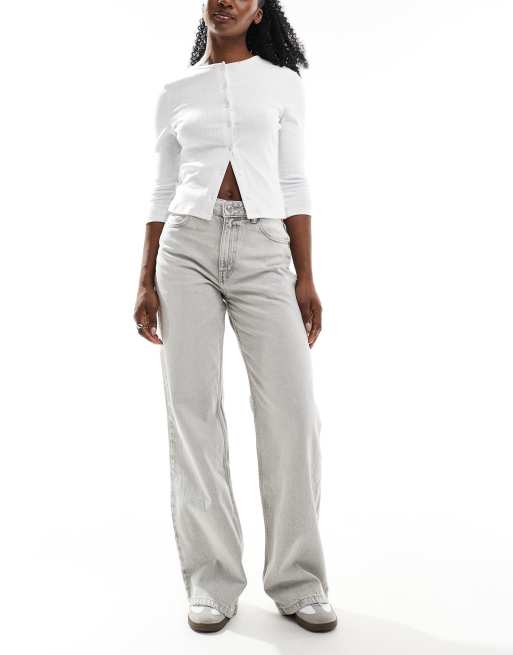 Pull&Bear - Jeans met hoge taille en wijde pijpen in lichtgrijs met wassing