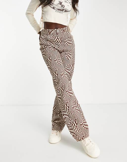 Pull&Bear - Jeans met hoge taille, rechte pijpen en dambordmotief in bruin