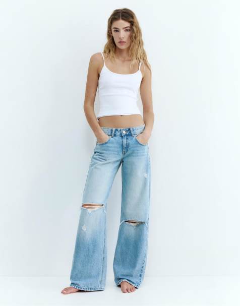 Pull&Bear - Jeans met lage taille en rechte pijpen, met scheuren, in lichtblauw - view 1