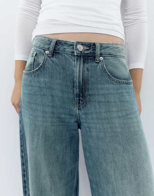 Pull&Bear jeans met lage taille en wijde pijpen in groenblauw, 4 van 7