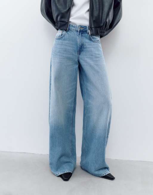 Pull&Bear jeans met lage taille en wijde pijpen in indigo blauw, 3 van 7