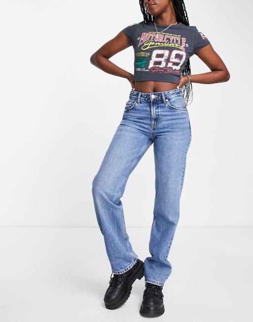 Pull&Bear - Jeans met rechte pijpen en halfhoge taille in medium blauw