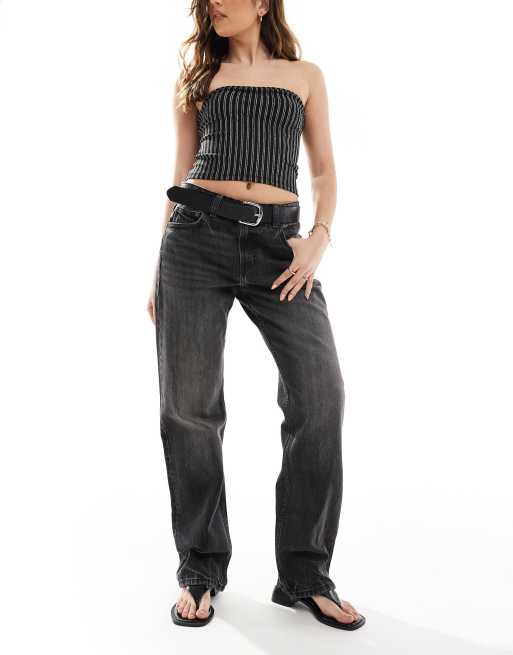 Pull&Bear - Jeans met rechte pijpen en halfhoge taille in zwart wassing
