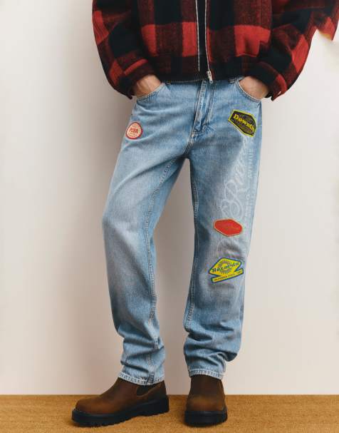 Pull&Bear - Jeans met rechte pijpen en patches in medium blauw - view 1