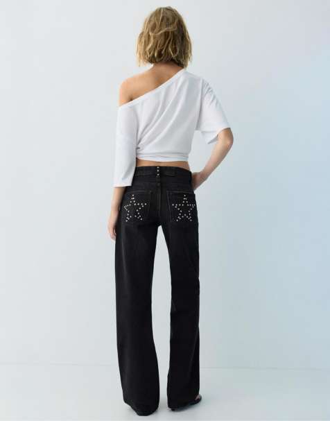 Pull&Bear - Jeans met rechte pijpen en sterrenstuds in zwart - view 1