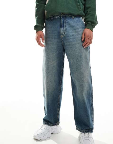 Pull&Bear - Jeans met skater pasvorm in blauw met gele gloed - view 1