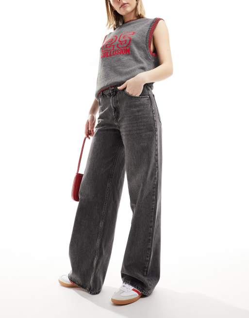 Pull&Bear - Jeans met wijde pijpen en halfhoge taille in donkergrijs met wassing