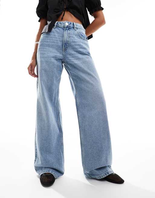 Pull&Bear - Jeans met wijde pijpen en halfhoge taille in middenblauw