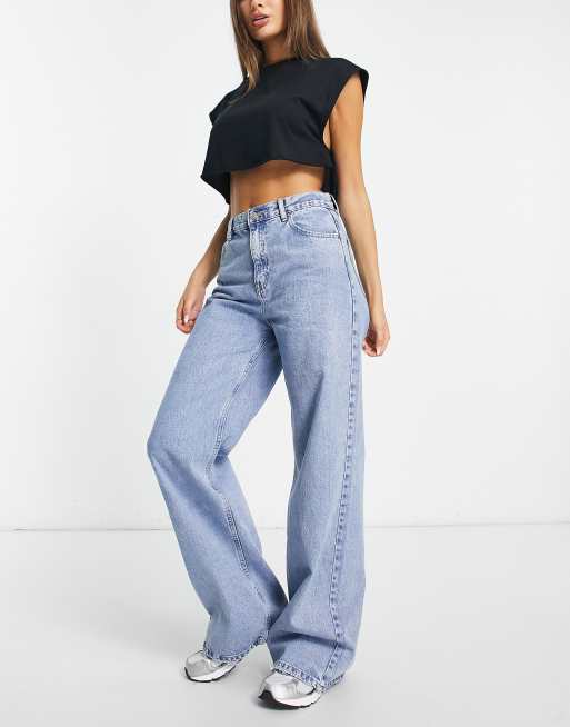 Pull&Bear - Jeans met wijde pijpen en hoge taille in lichtblauw