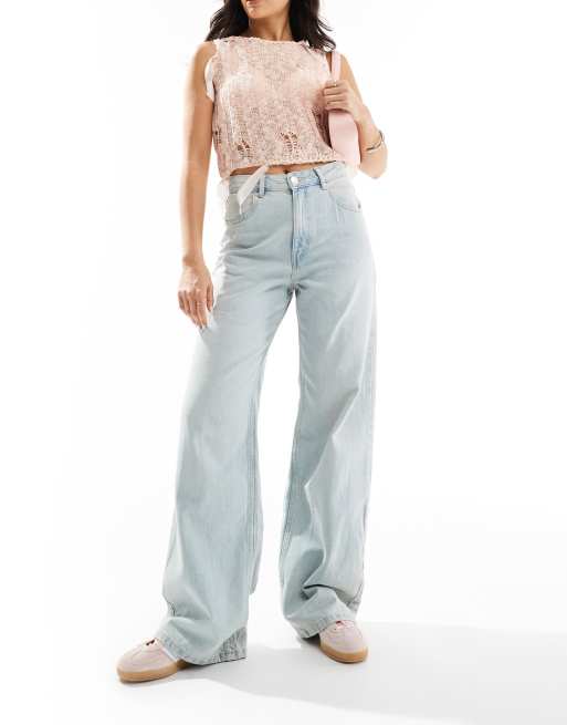 Pull&Bear - Jeans met wijde pijpen en hoge taille in lichtblauw