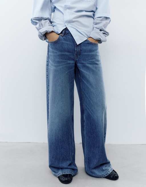 Pull&Bear jeans met wijde pijpen en lage taille in donkerblauw, 4 van 7