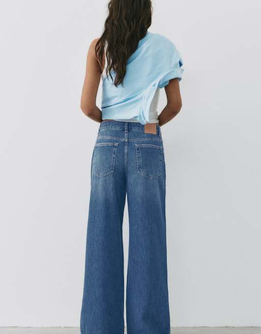 Pull&Bear jeans met wijde pijpen en lage taille in donkerblauw, 5 van 7