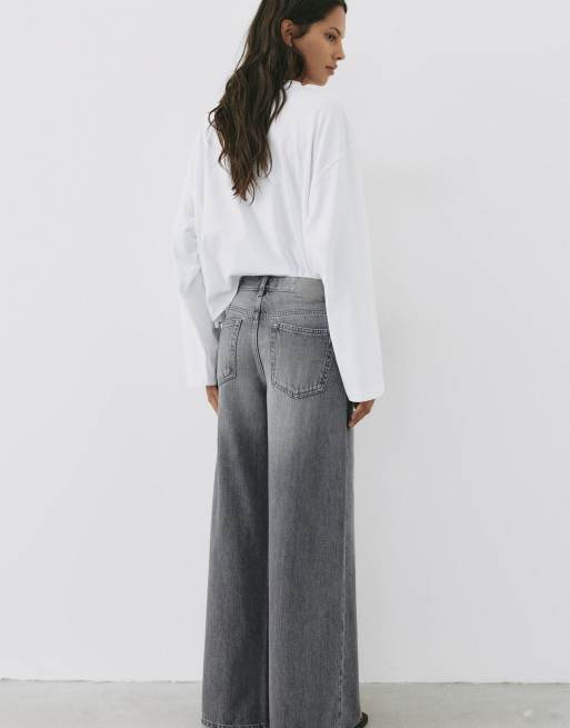 Pull&Bear jeans met wijde pijpen en lage taille in grijs, 3 van 7
