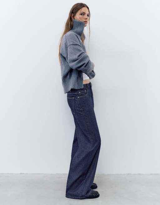 Pull&Bear jeans met wijde pijpen en lage taille in inktindigo, 4 van 7