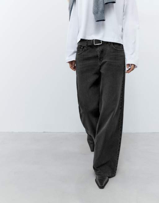Pull&Bear jeans met wijde pijpen en lage taille in zwart, 3 van 7