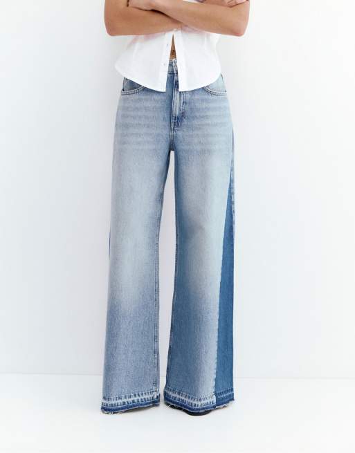 Pull&Bear - Jeans met wijde pijpen en patchwork in middenblauw, 2 van 4