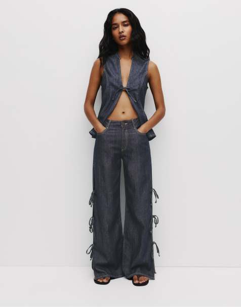 Pull&Bear - Jeans met wijde pijpen en strikjes in donkerblauw - view 1