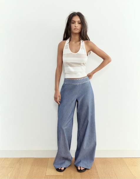 Pull&Bear - Jeans met wijde pijpen en studs in donkerblauw - view 1