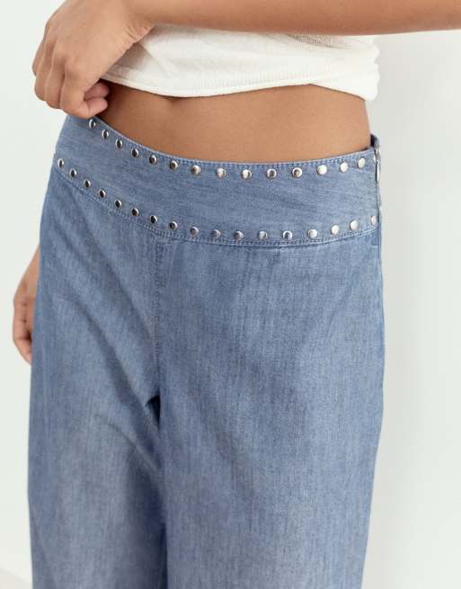 Pull&Bear - Jeans met wijde pijpen en studs in donkerblauw, 4 van 4