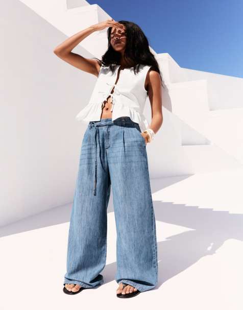 Pull&Bear - Jeans met wijde pijpen en taille met trekkoord in blauw - view 1