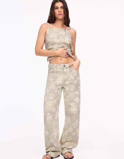 Pull&Bear - Jeans met wijde pijpen met bloemenprint in beige - view 1