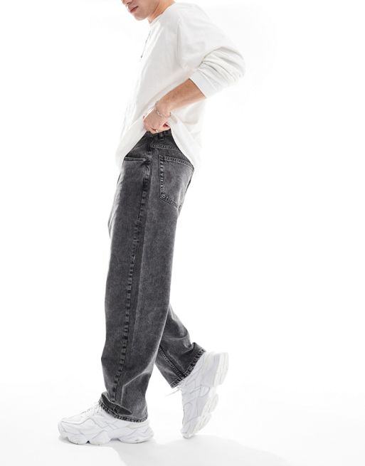 Pull&Bear – Jeans mit weitem Bein in Mittelschwarz